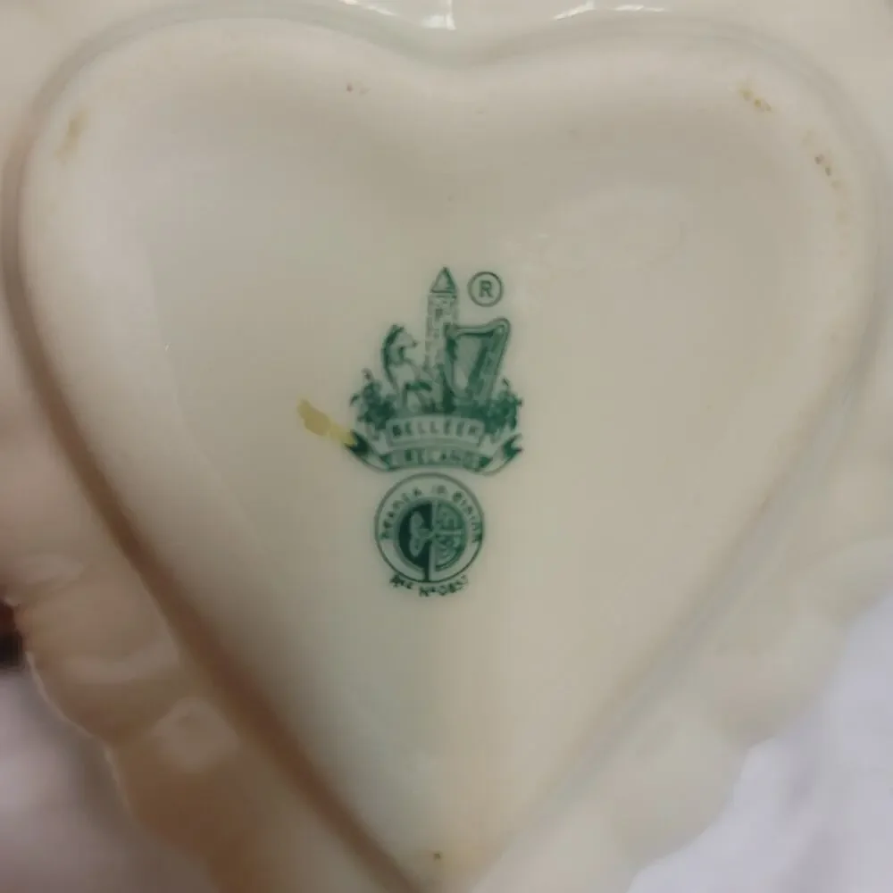 Belleek Vintage Scalloped Heart Trinket Dish Yellow Iridescent Glaze Ceramic